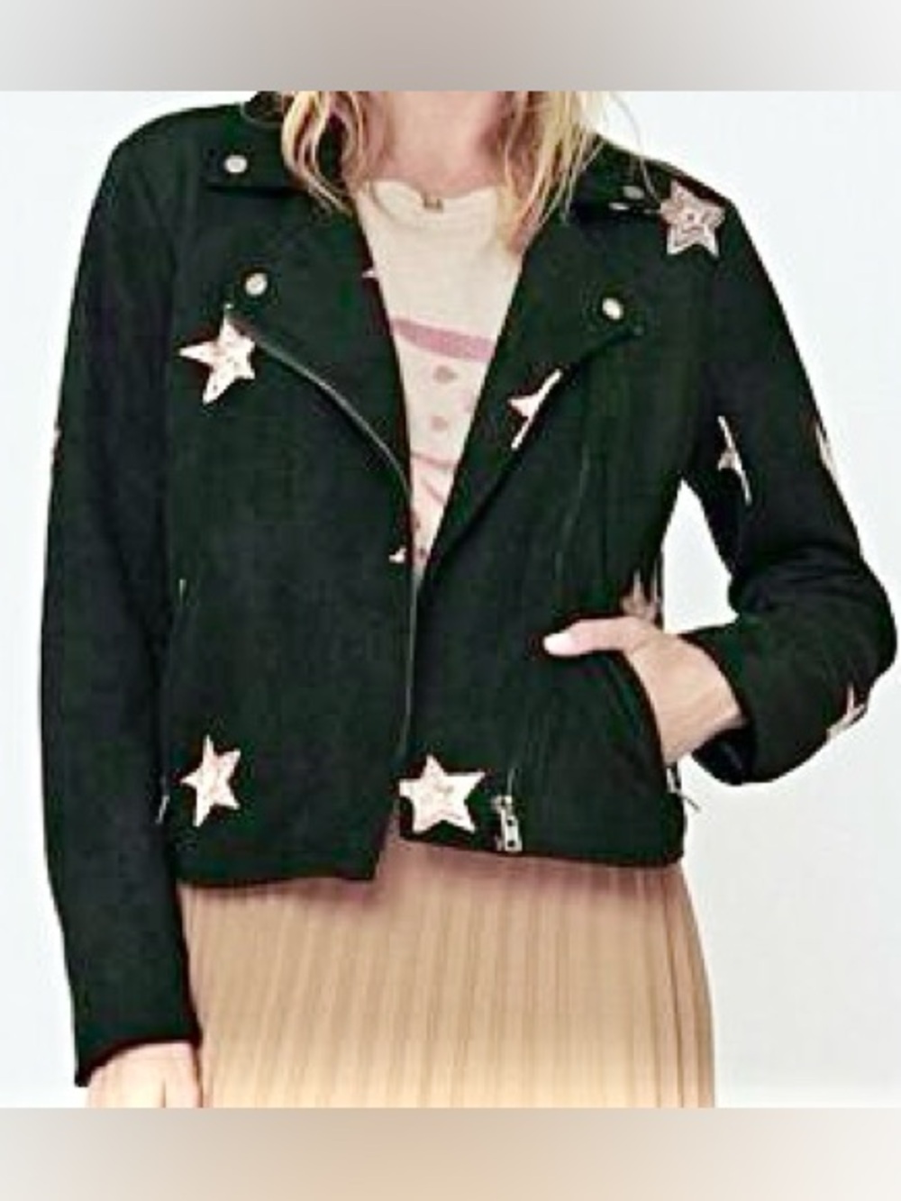 PROMESA Starcatcher Black Vegan Suede Moto Jacket Embroidered Stars Size Small